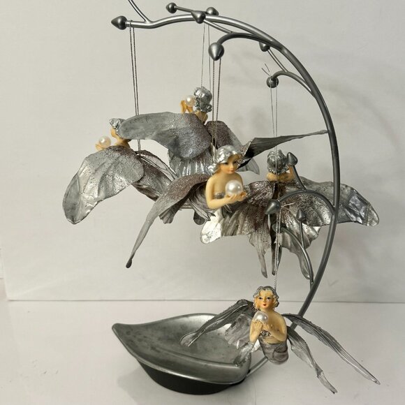 Silver Butterfly Fairies Pearl Set (5) Christmas Ornament Resin Holiday RARE - Picture 2 of 16